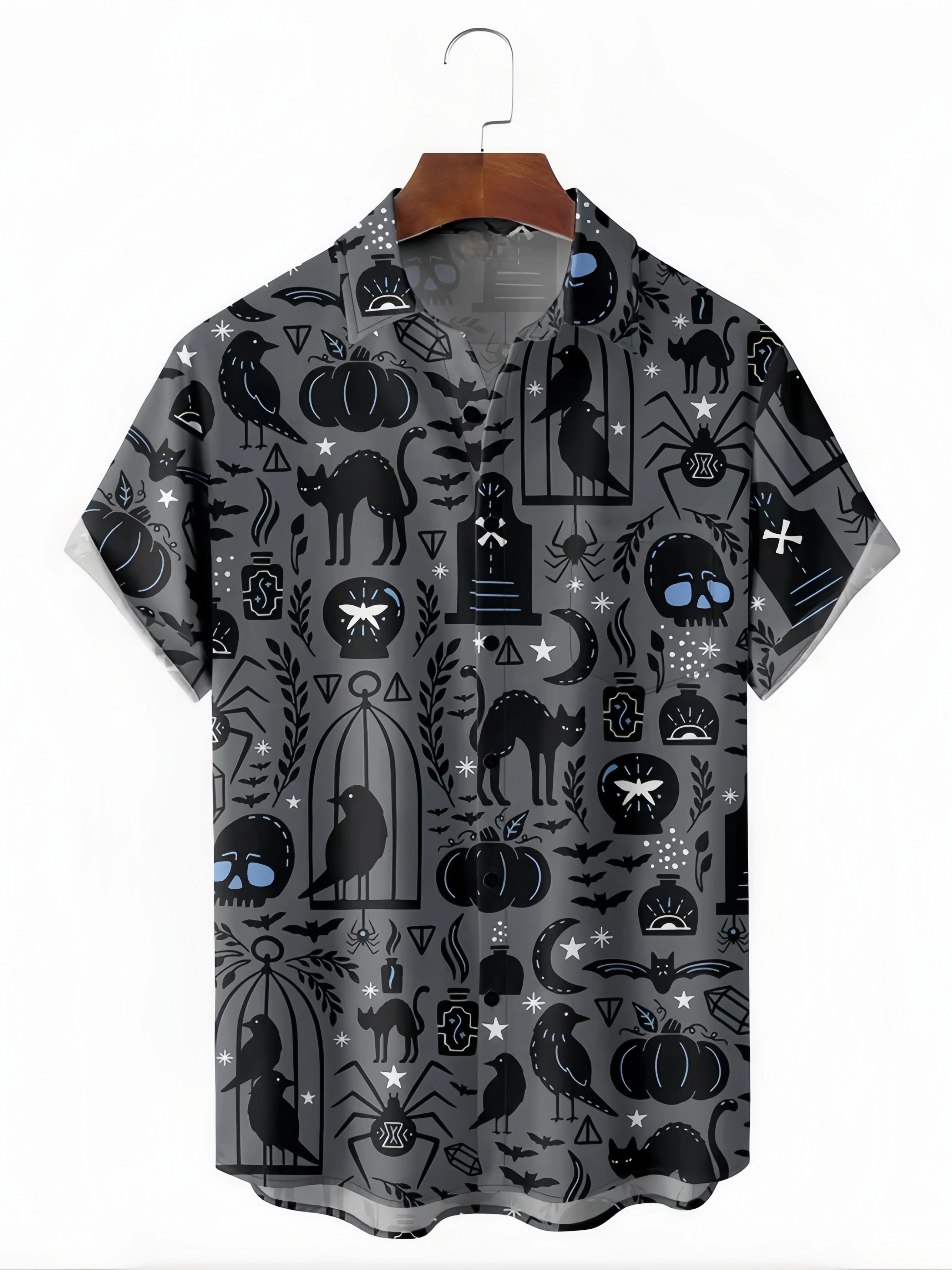 Halloween Cat Chest Pocket Short Sleeve Casual Shirt