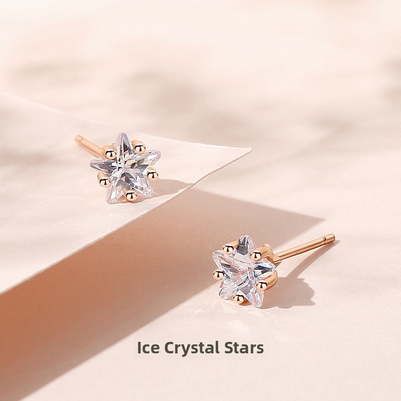New ice crystal star earrings for women, Korean version, versatile and unique pentagram zirconia ins-style elegant earrings