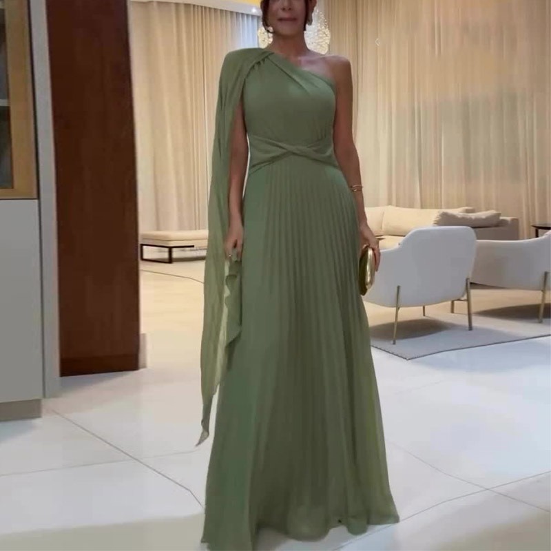 Women Solid Pleated Dresses Tight Waist Skew Collar Long Dresses Slim Fit Elegant Off Shoulder Spliced Vestidos A Line Party LYQ602090