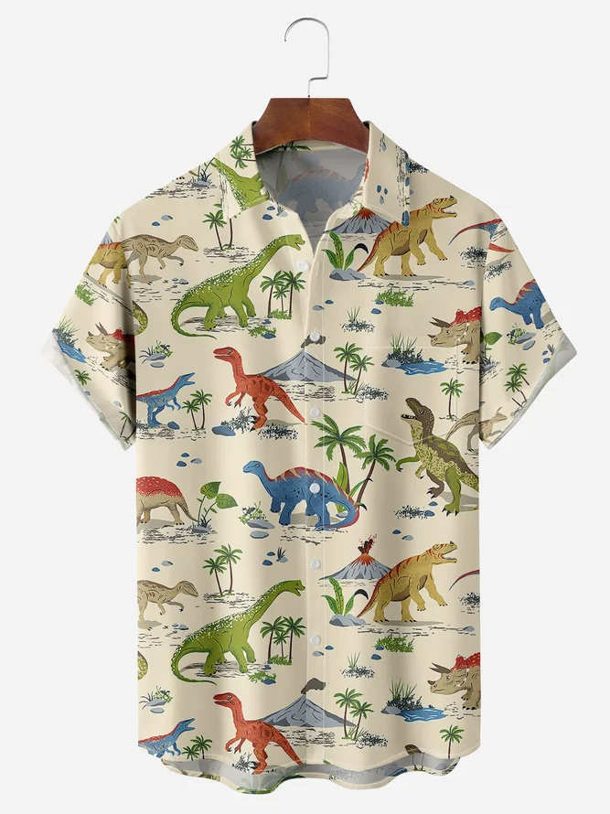 Dinosaur Chest Pocket Short Sleeve Hawaiian Shirt