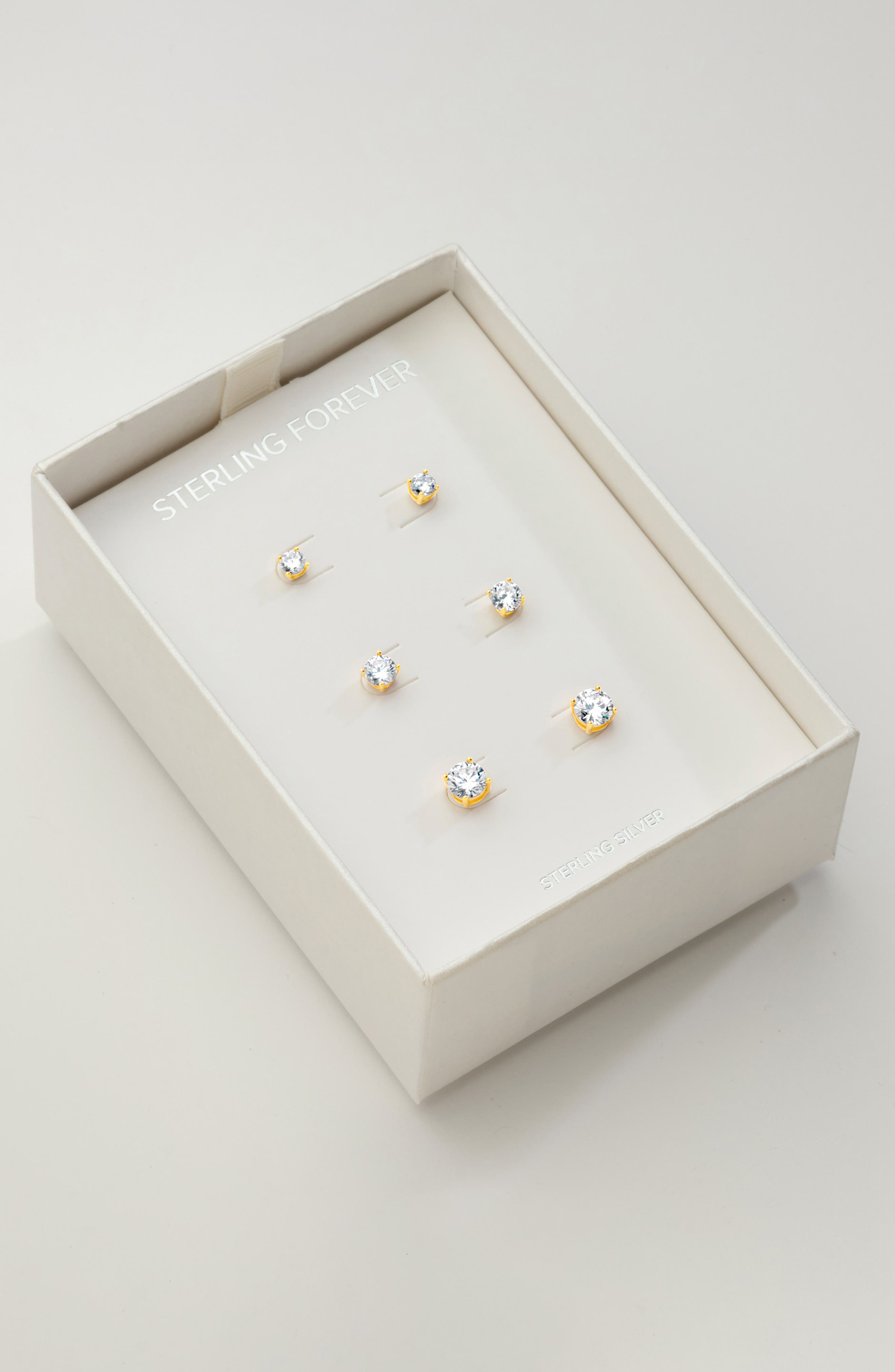 Sterling Forever 14K Gold Plated Sterling Silver CZ Stud Earrings - Set of 3