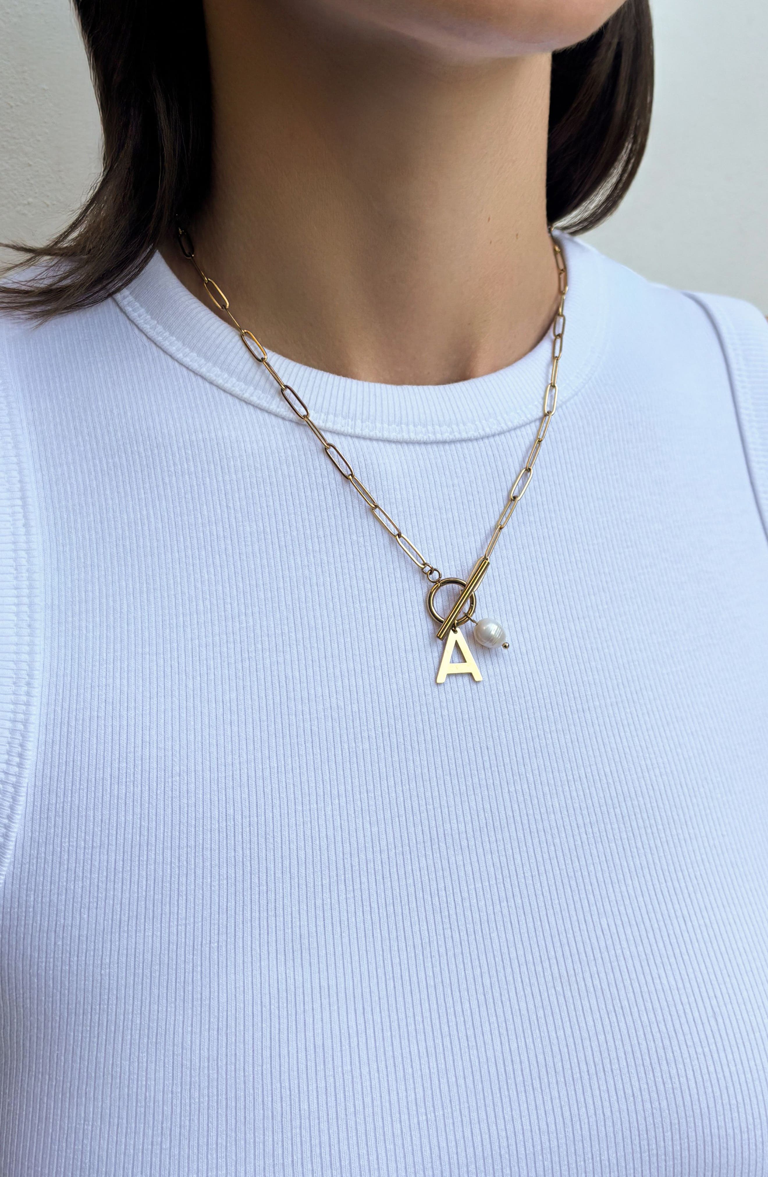 Adornia 18K Gold Plated Pearl & Initial Toggle Pendant Necklace