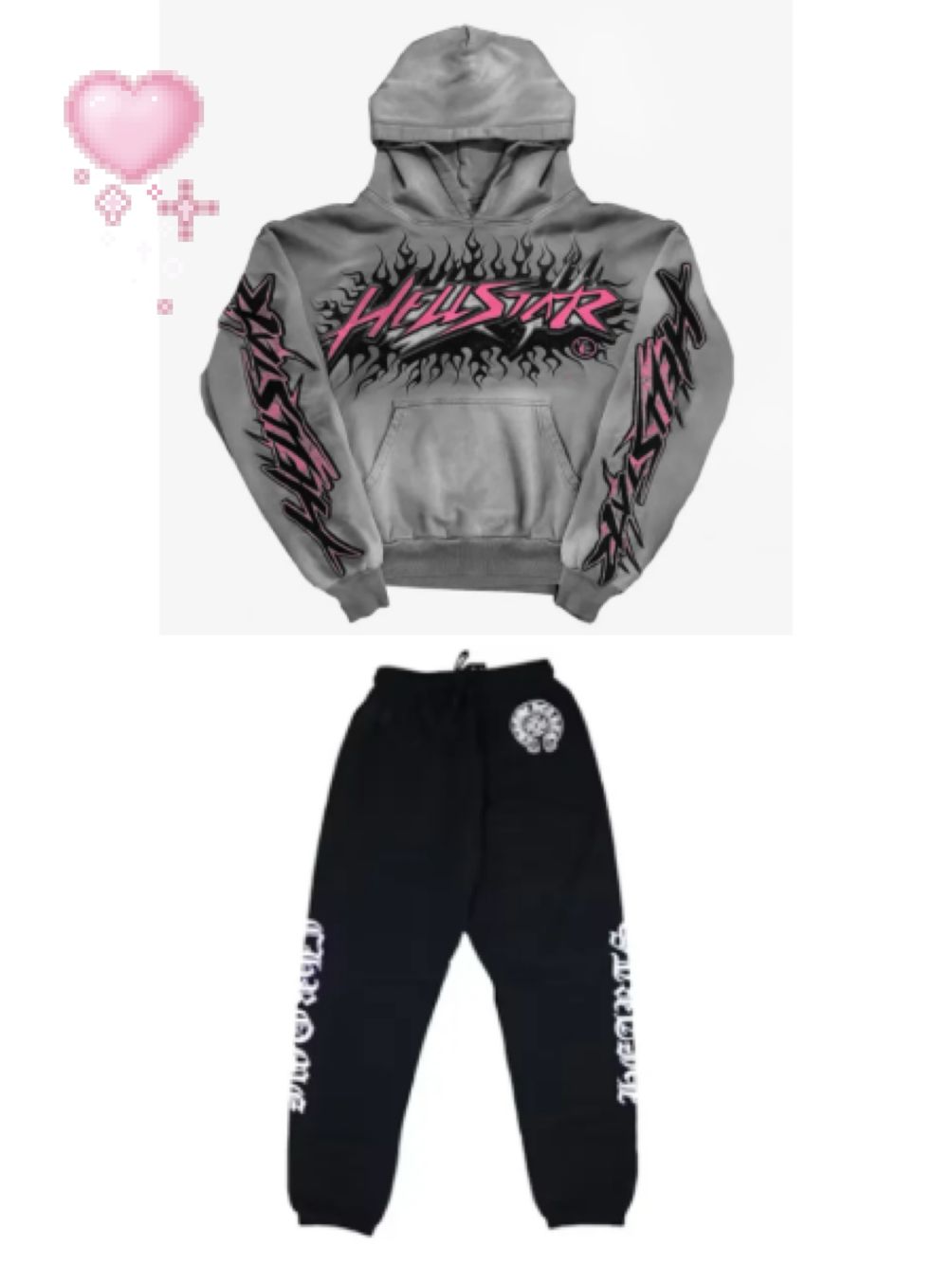 Hellstar Brainwashed Without Brain Hoodie Grey +Chrome Hearts Horse Shoe Logo Sweatpants Black