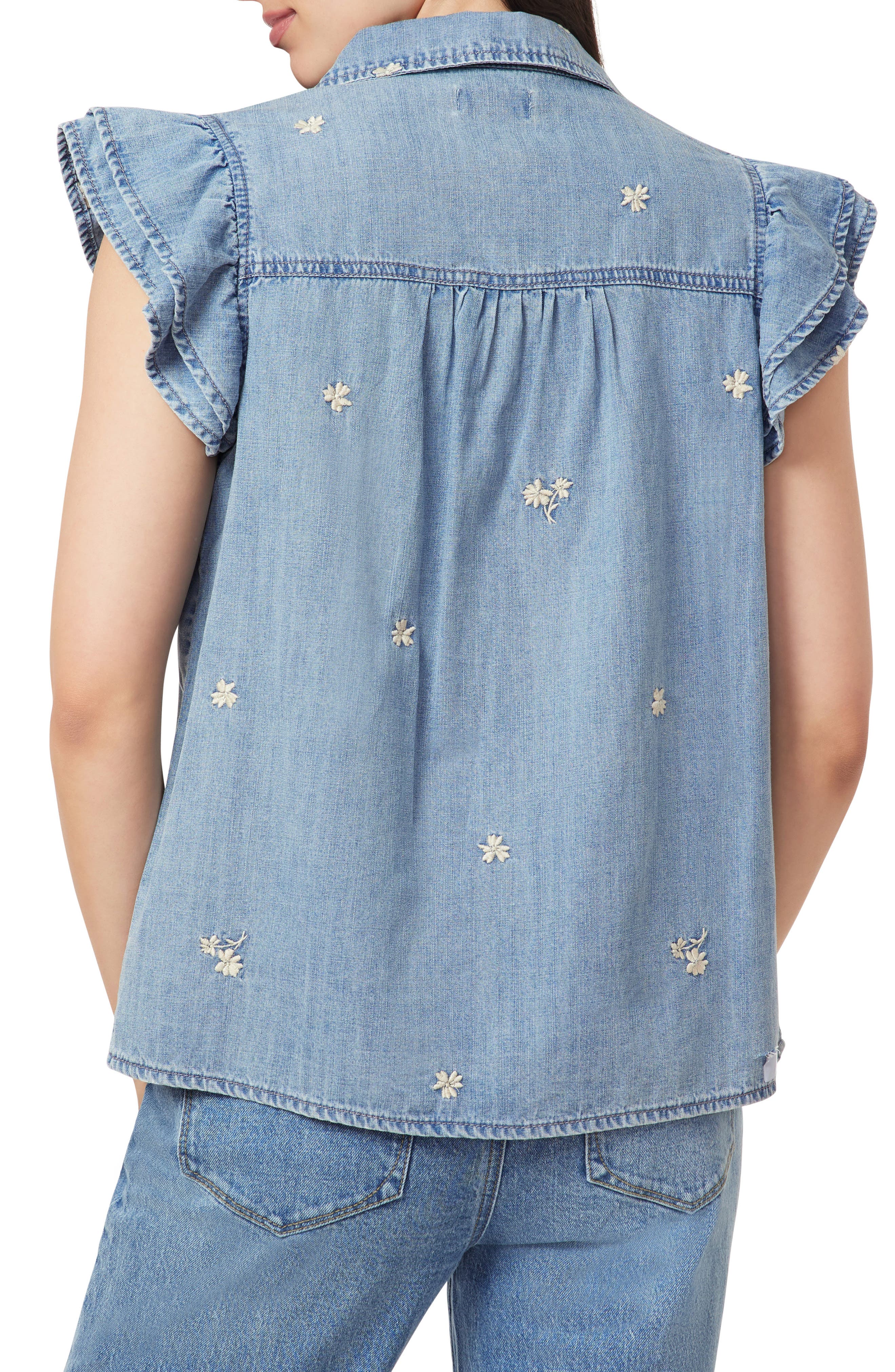 Kensie Denim Double Flutter Sleeve Button Front Top