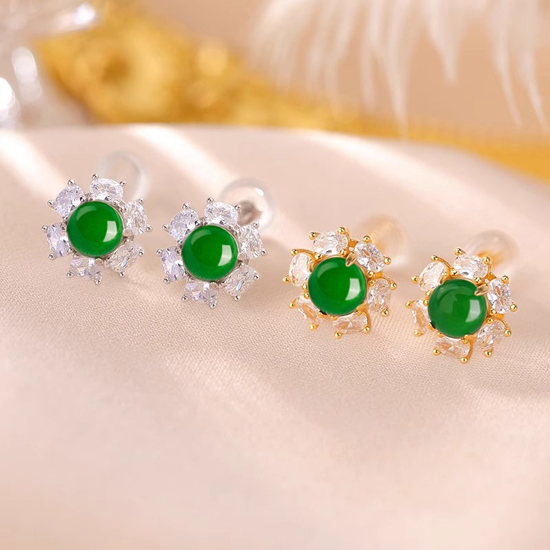 925 sterling silver vintage style chrysoprase flower stud earrings for women, Chinese style sunflower earrings, light luxury high-end earrings