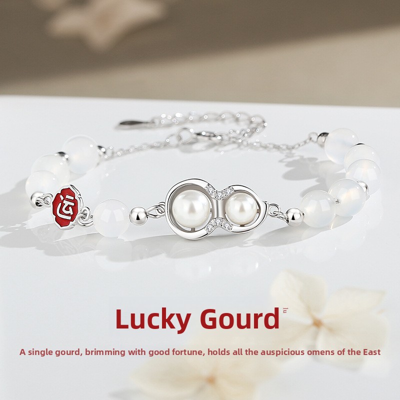 Original Fortune Gourd Chalcedony Bracelet for Women, 925 Sterling Silver, Retro Chinese Style, New Chinese Design, with Pearl Beads