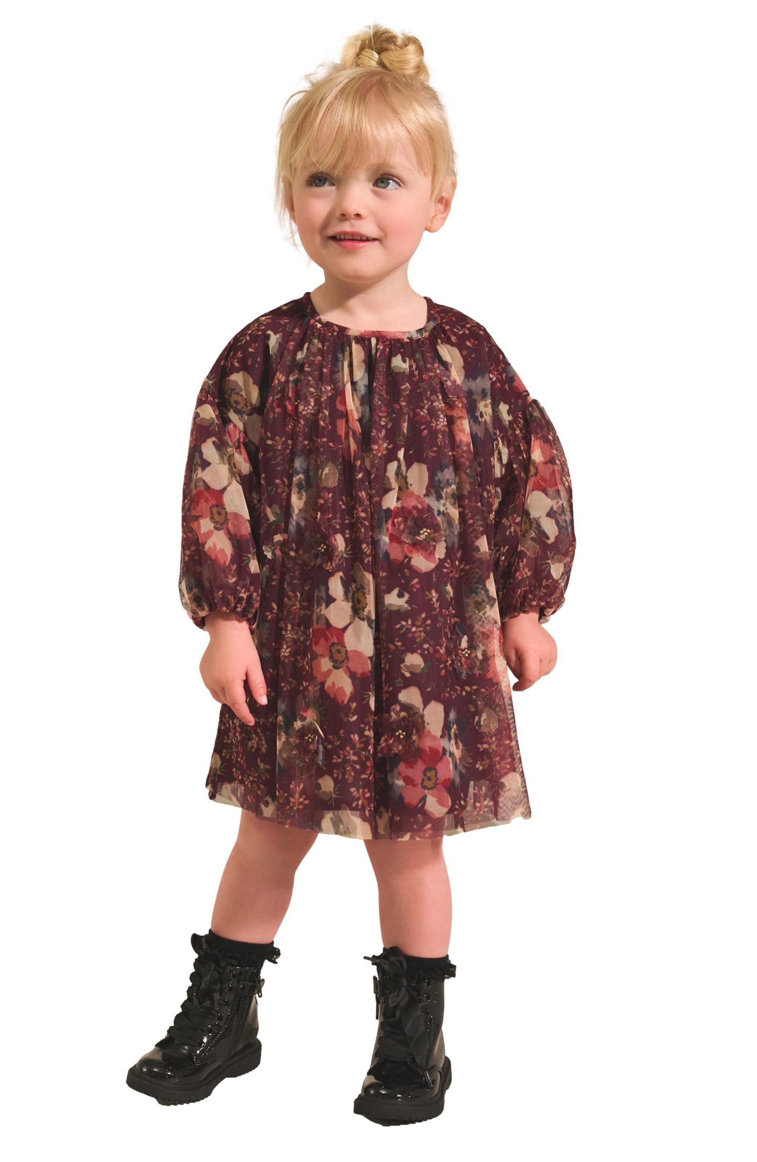 NEXT Kids' Floral Long Sleeve Mesh Dress