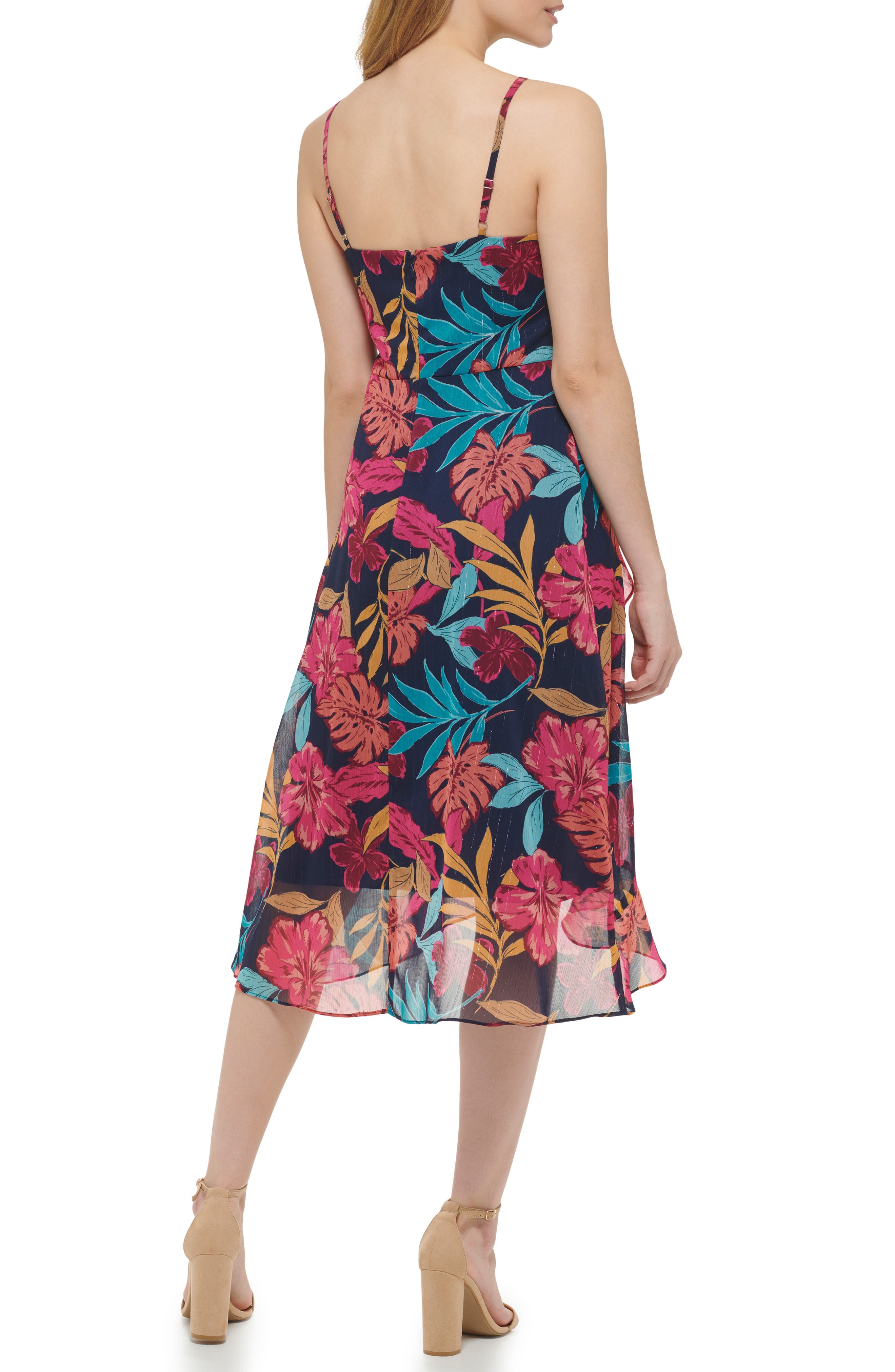 Kensie Tropical Print Ruffle Chiffon Midi Dress