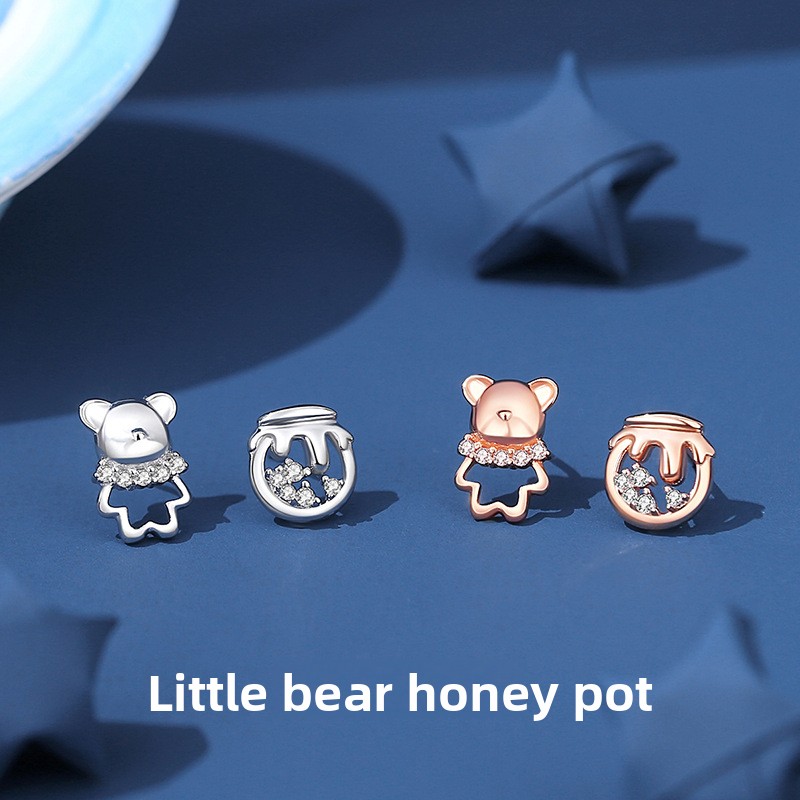 Original design bear honey pot earrings, 925 sterling silver, small and cute, niche earrings, versatile and girlish accessories