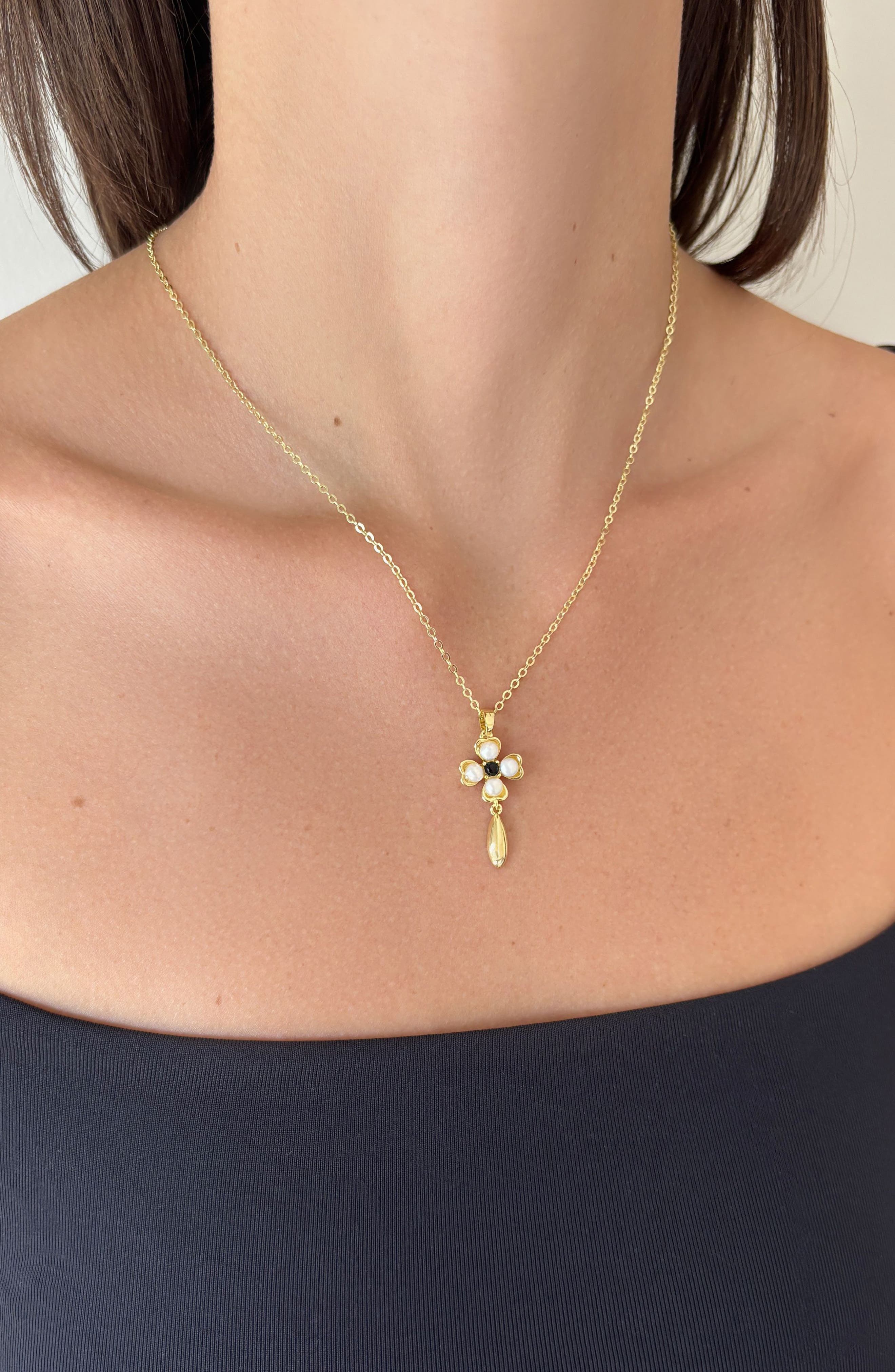 Adornia 14K Gold Plated Freshwater Pearl & Onyx Clover Pendant Necklace