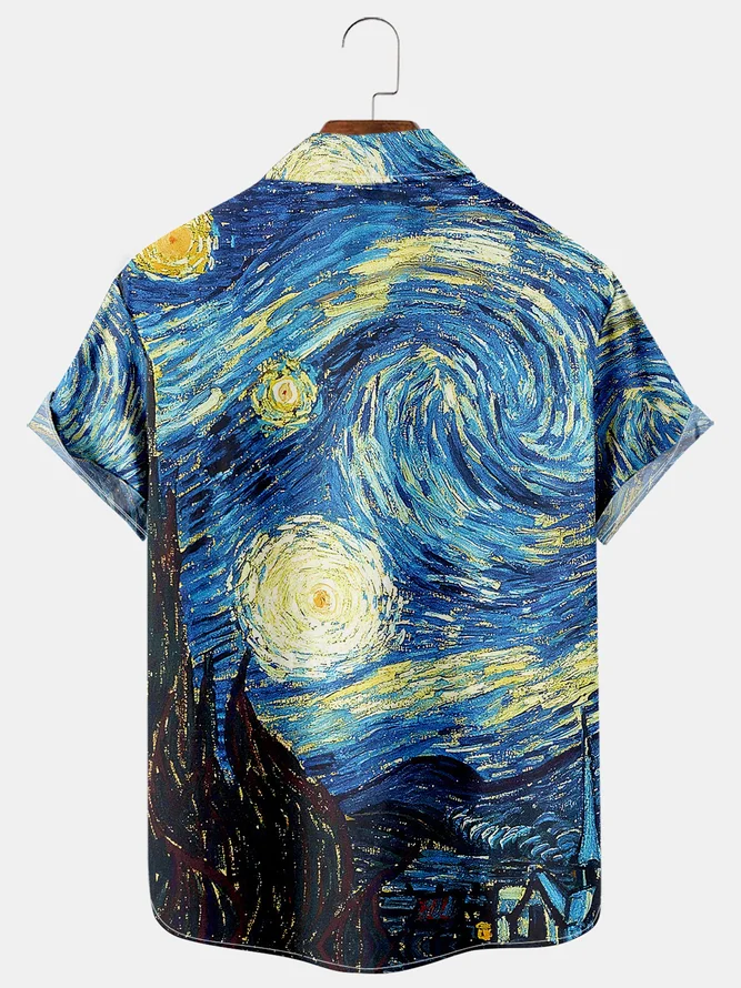 Mens Retro Van Gogh The Starry Night Lapel Loose Short Sleeve Funky Hawaiian Shirt