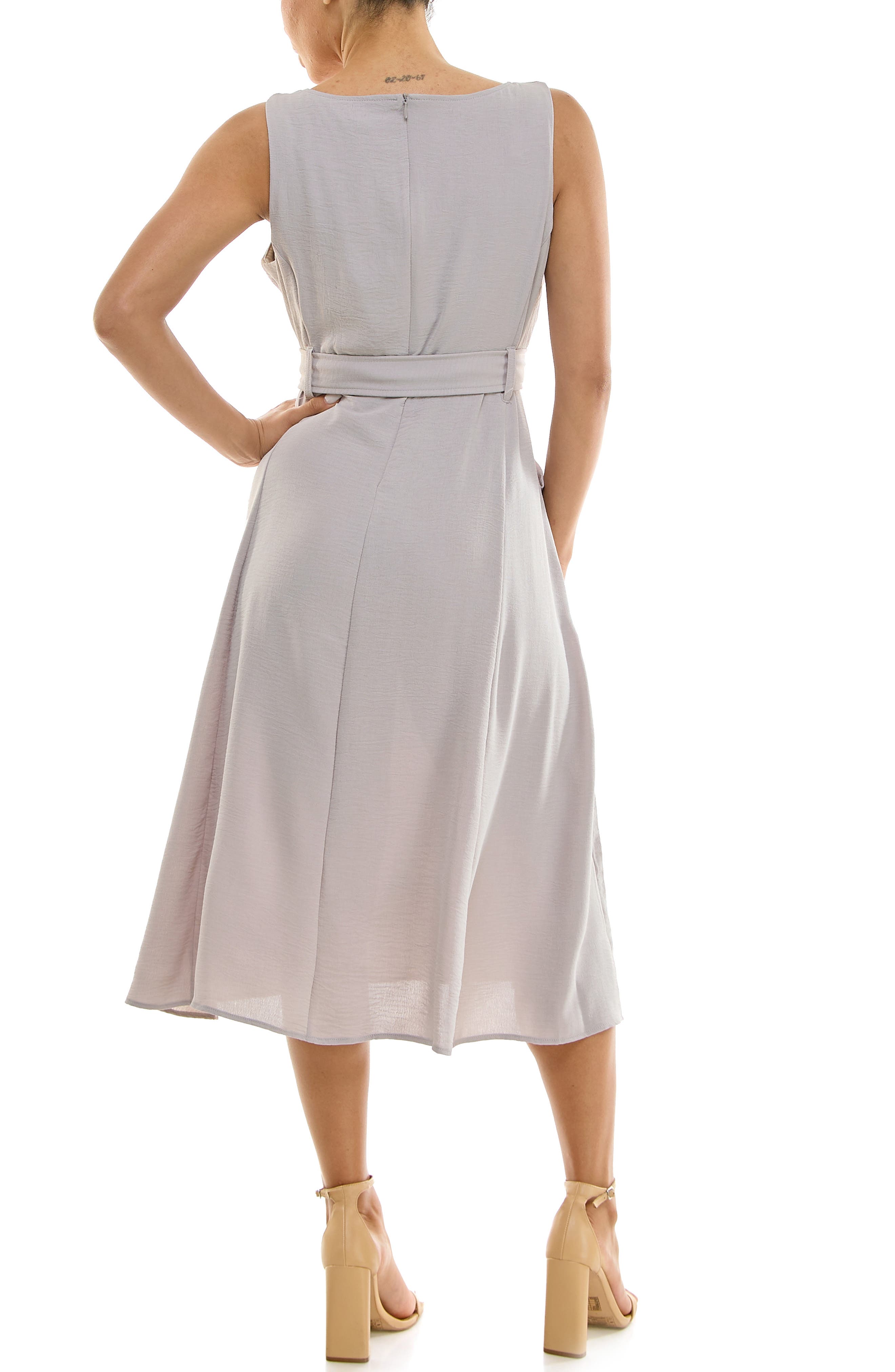 Nina Leonard Square Neck Sleeveless Belted Midi Dress