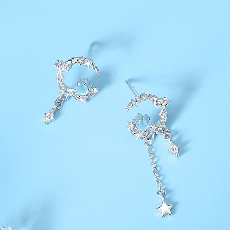 Blue Eucalyptus and Bird Earrings for Women, Pure Silver, Summer Korean Style, Forest-Themed, Asymmetrical, Unique Design, Tassel Earrings, Original
