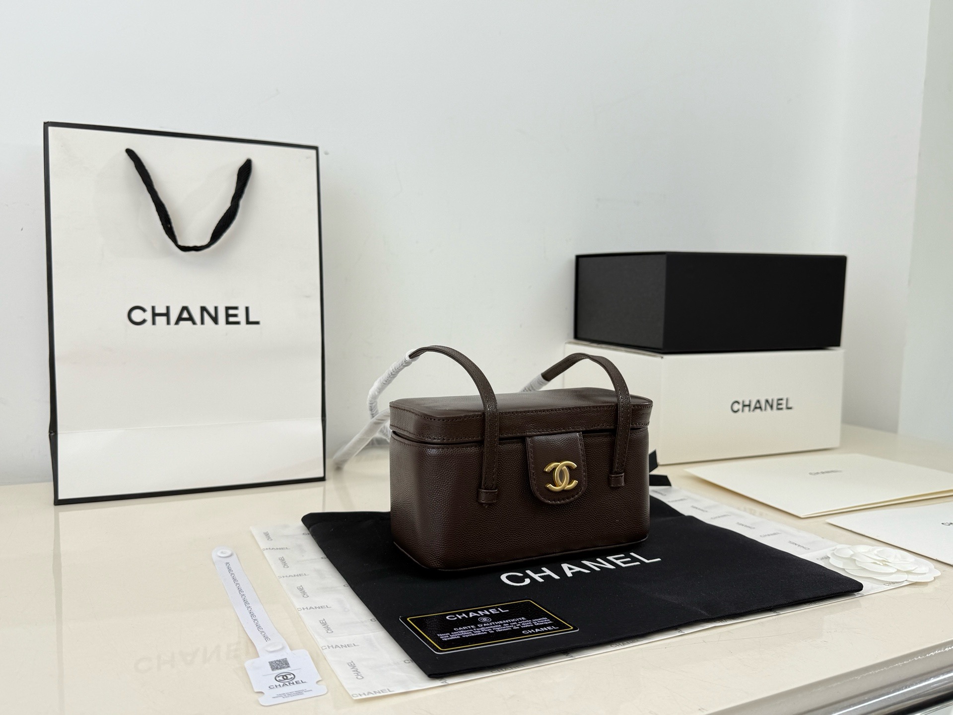 Chanel 26P Black Gold Long Handle Box Bag