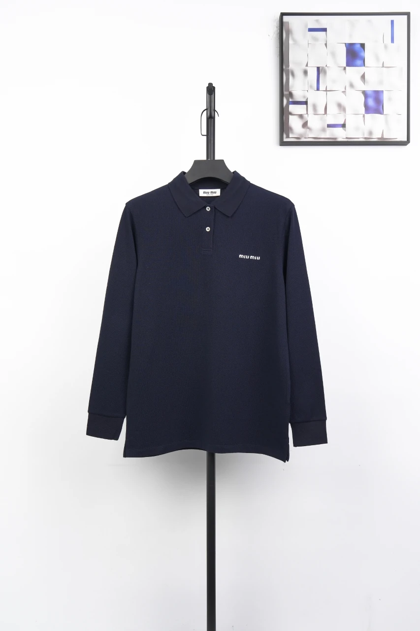 Miu Miu Navy Logo Embroidered Long Sleeve Polo Shirt product photo from LabelPicks