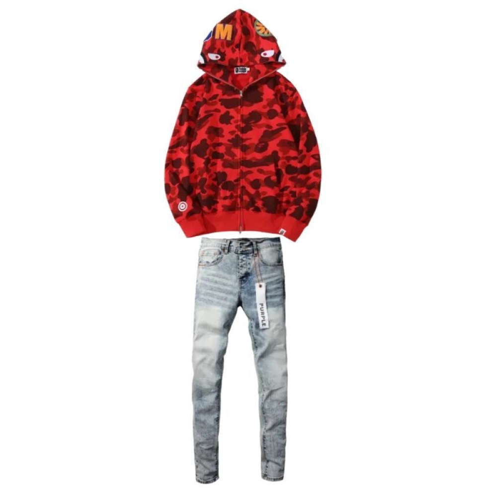 BAPE Color Camo Shark Zip Hoodie Red +Purple Brand Fashion Men Jeans