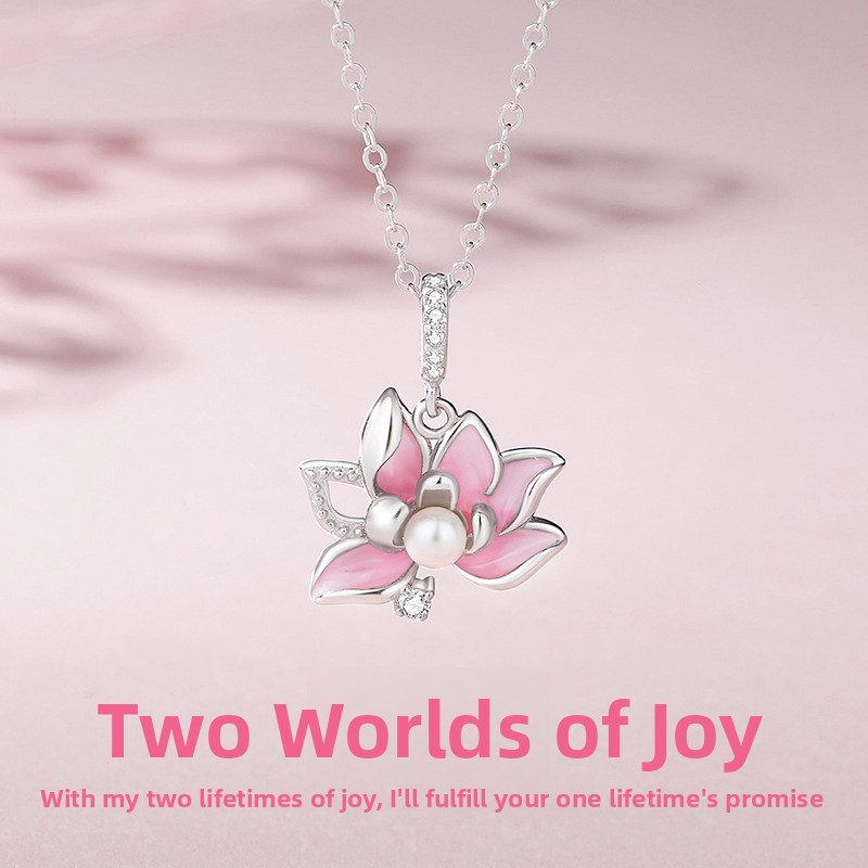 Original lotus flower necklace for women, made of 925 sterling silver, featuring a natural, pastoral, and new Chinese style design, with a theme of "good things come in pairs," and a clavicle chain