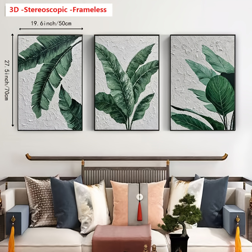 3D Stereoscopic Frameless 3pcs Pure Hand Painting, High Quality 3-Sheet Joint Picture Simple Wall Decoration Oil Painting (Abstract Green Leaves Wabi Sabi Landscape View Art Thick Knife Texture Stereoscopic Visual Sense) Modern Wealth