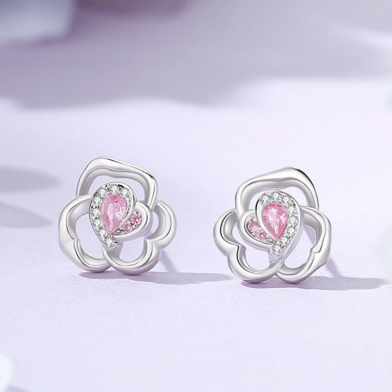 Original 925 sterling silver heart-shaped rose earrings for women, featuring delicate pink cubic zirconia accents, with an elegant and stylish floral design