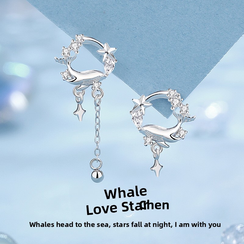 Original Whale and Star Stud Earrings for Women, Pure Silver, Unique Design, High-End Star Tassel Earrings, Asymmetrical Earrings