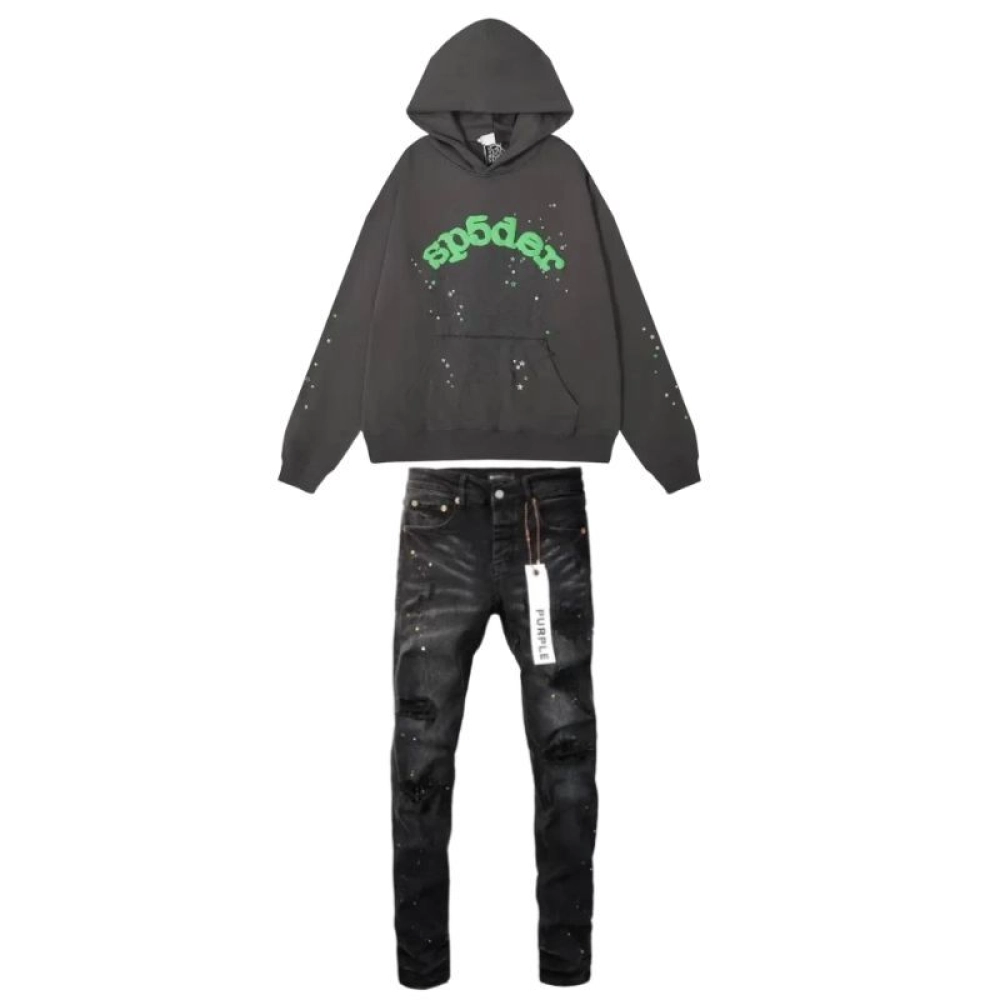 Sp5der Hoodie dark gray + Purple Brand Fashion Men Jeans 6