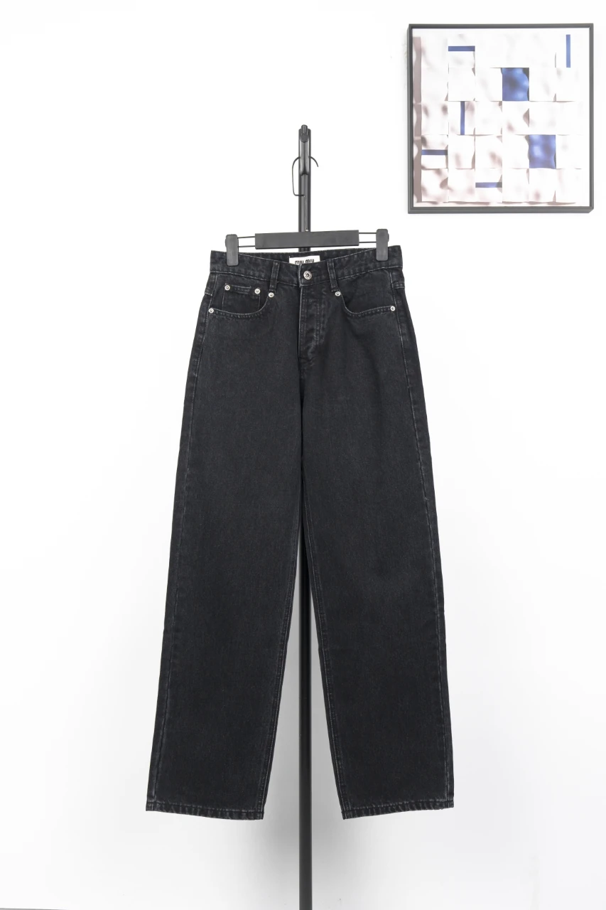 Miu Miu Black Leather Panel Straight Denim Jeans product photo from LabelPicks
