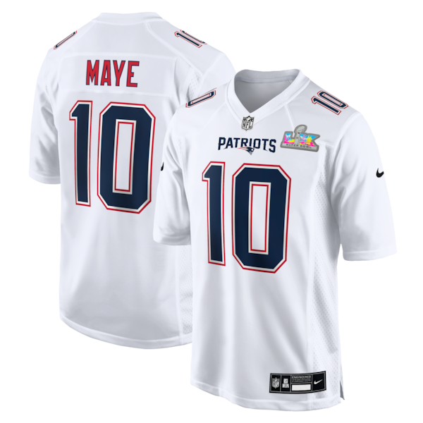 Men's New England Patriots Drake Maye Nike Super Bowl LX Patch Tundra Fashion Game Jersey - White/Black
