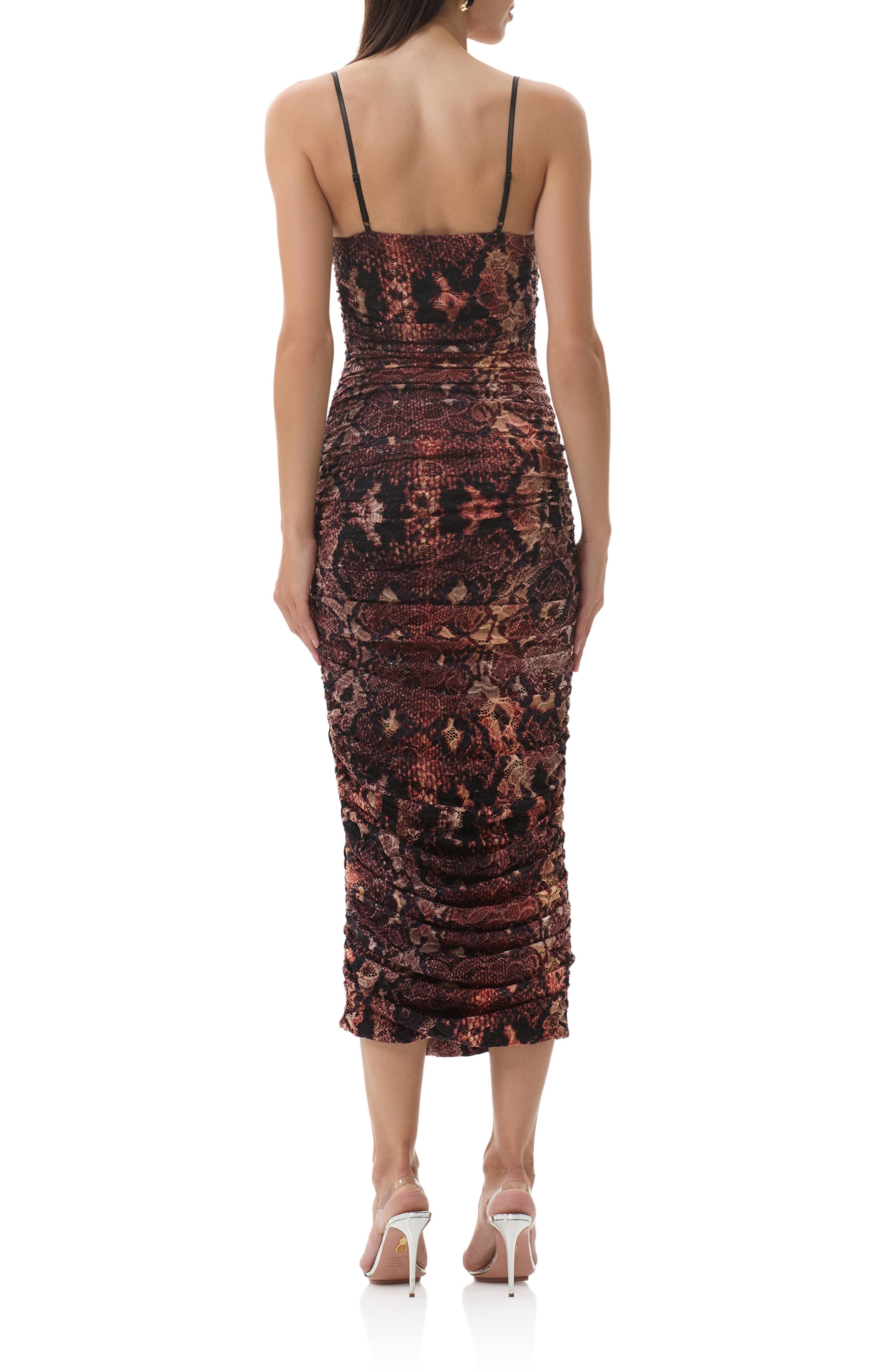 AFRM Hazel Ruched Printed Lace Midi Dress