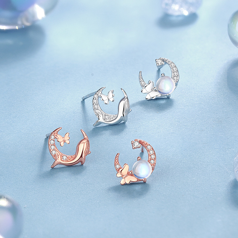 Original Cloud Dream Butterfly Whale Earrings, Sterling Silver, Summer Collection, Delicate Moonstone Whale and Butterfly Earrings, Valentine's Day Gift