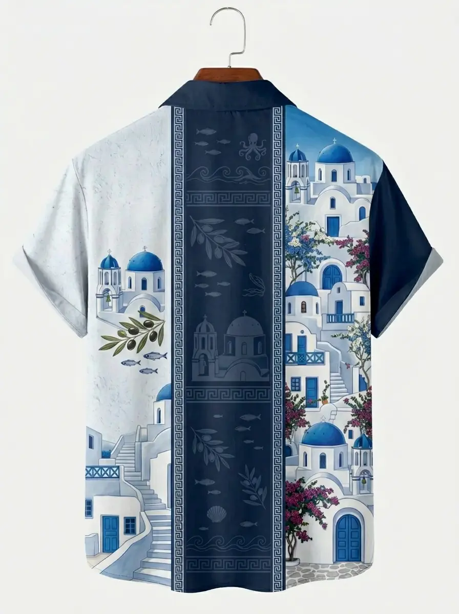 Men's printed shirts Santorini Greek Island Vacation Hawaiian Shirt