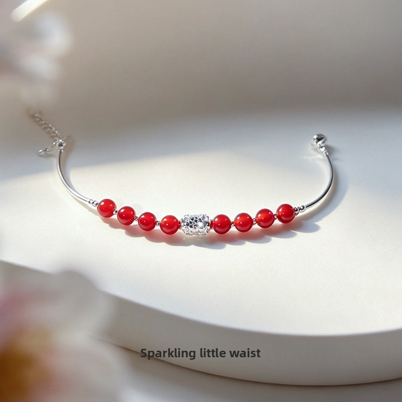 A sparkling, slender bracelet for women, made of pure silver, featuring a new Chinese-style design with agate beads, creating a unique and delicate ice-crystal effect
