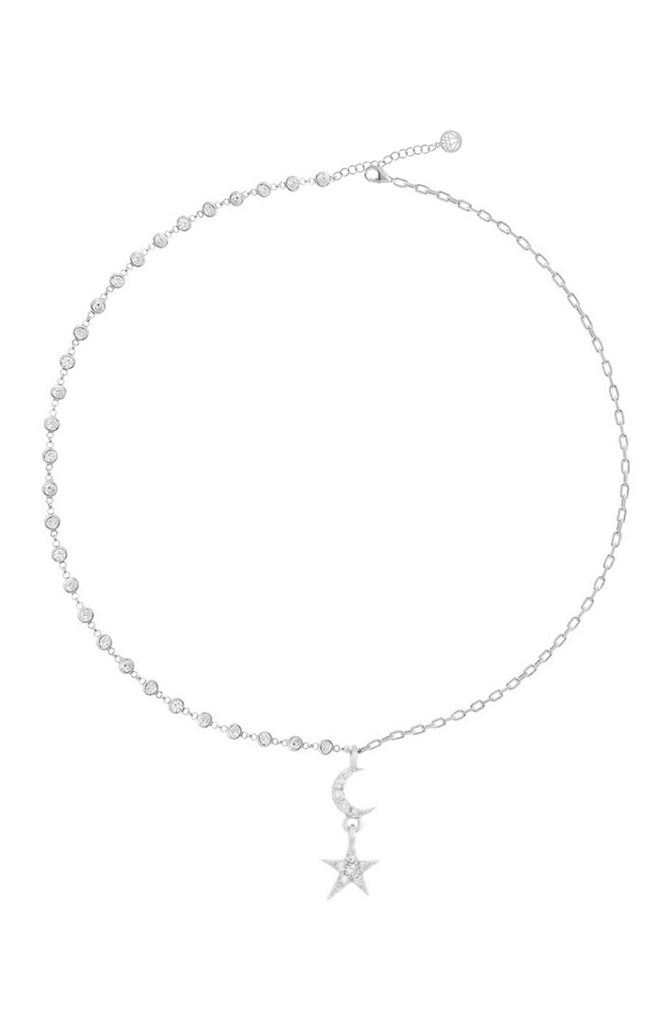 SPHERA MILANO White Gold Vermeil Pave CZ Star & Moon Pendant Necklace