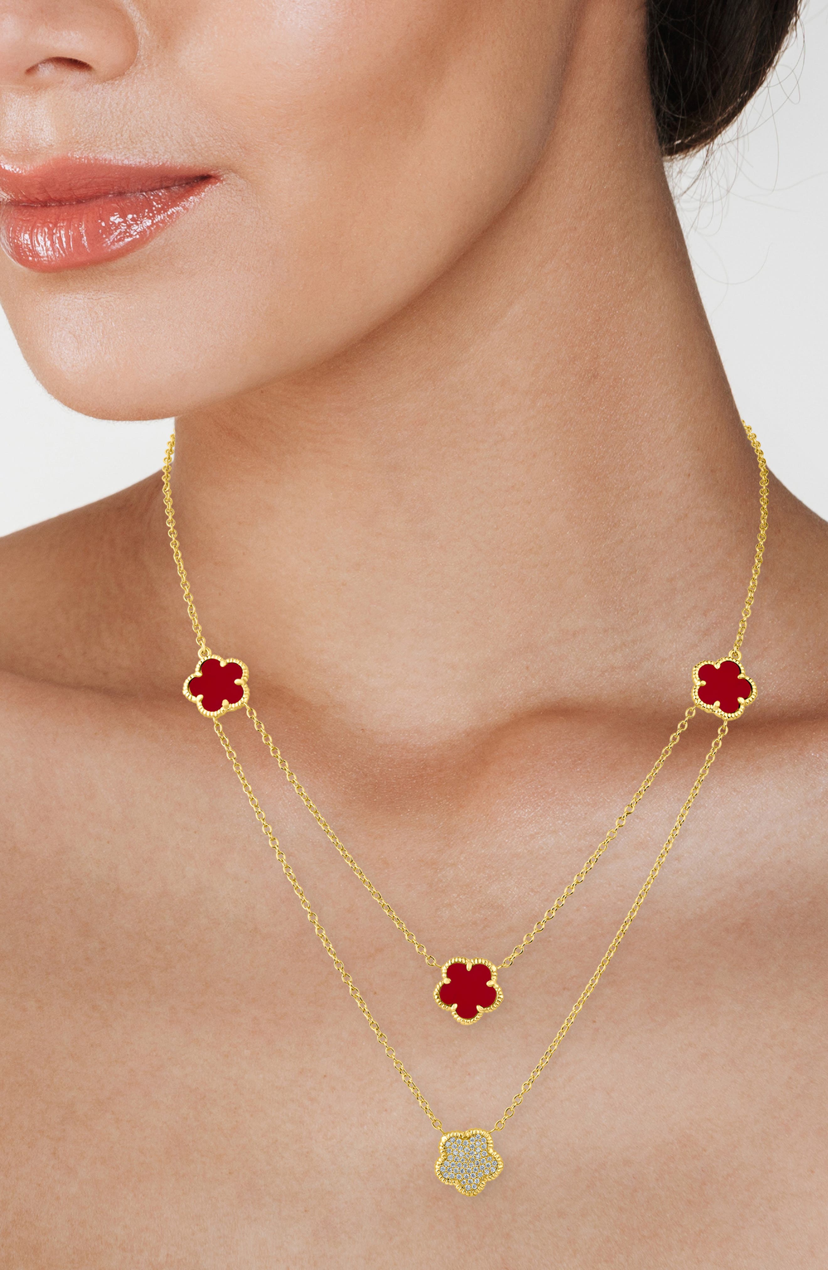 CZ by Kenneth Jay Lane Cubic Zirconia & Faux Coral Double Layered Clover Station Necklace