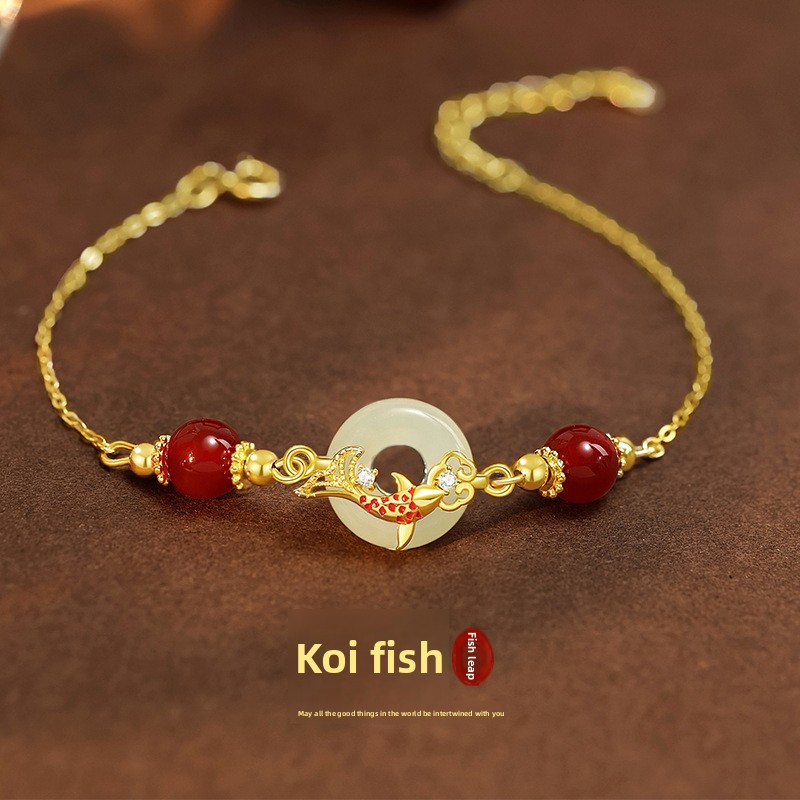 Original design: Peace knot and koi fish bracelet for women, made of pure silver, featuring a retro, Chinese-style, and new Chinese court aesthetic, with Hetian jade embellishments