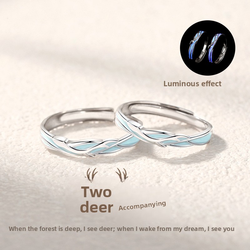 Original 999 pure silver, deer-themed, luminous couple rings, featuring a forest-style deer antler design, a unique and niche open-ring style