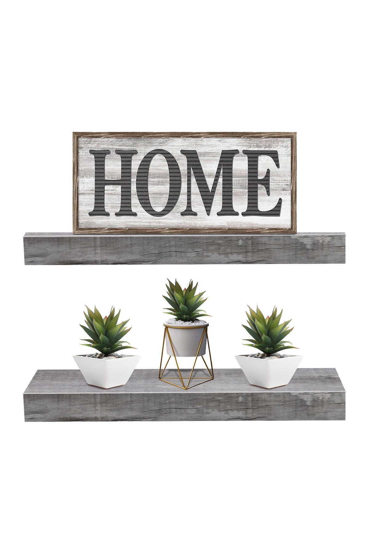 SORBUS Grey/Wood 2 Tier Wooden Wall Mounted Floating Shelf