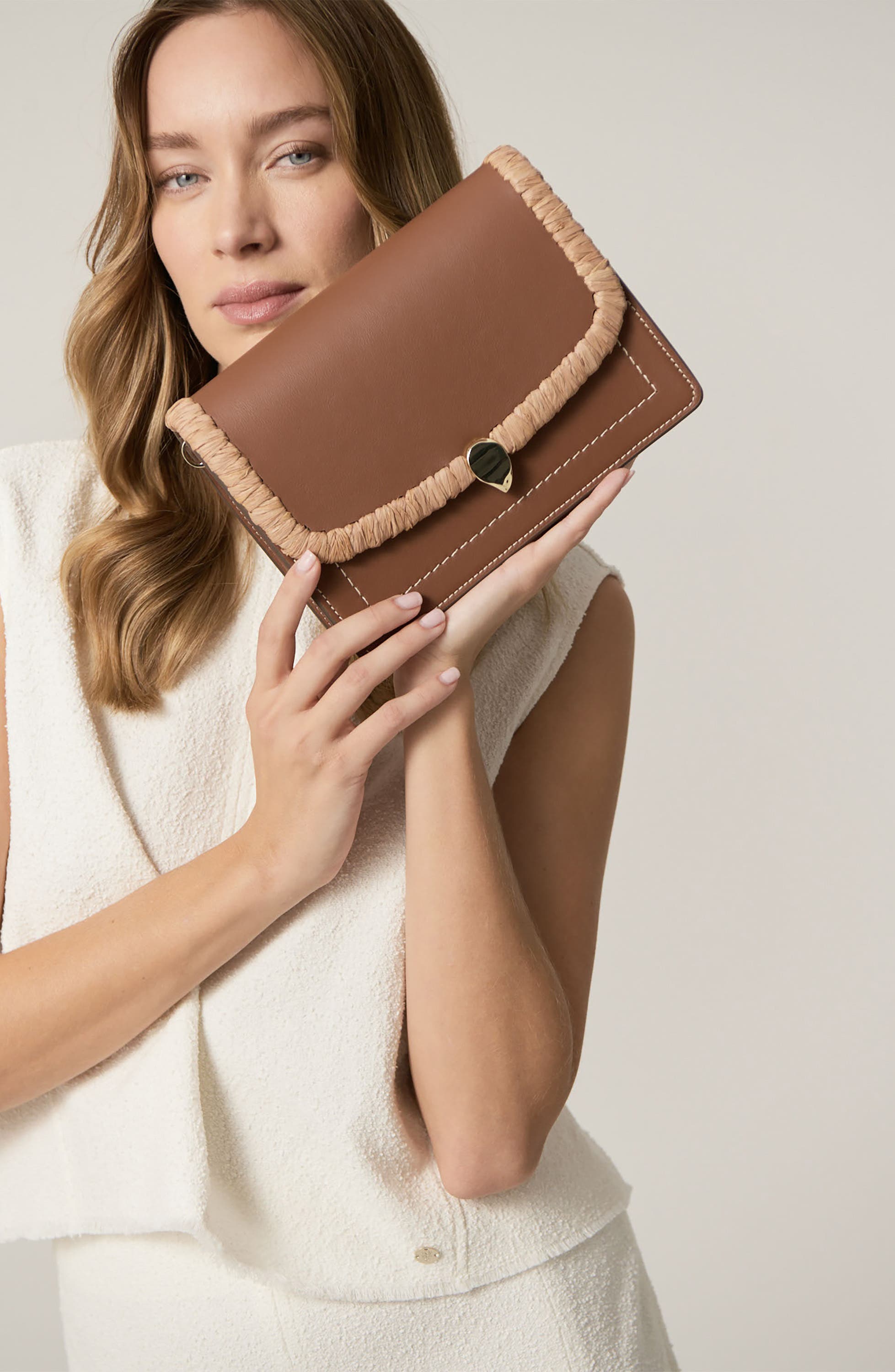 Helen Kaminski Dauphine Raffia Trim Leather Crossbody Bag