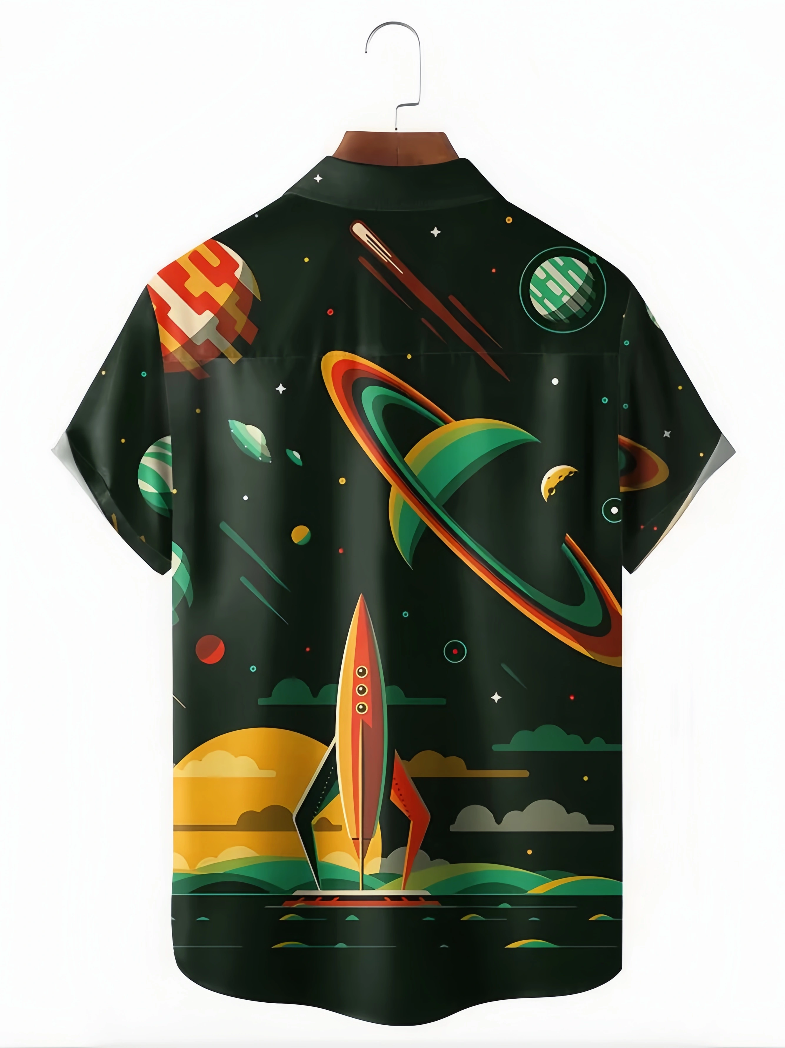 Space Rocket Chest Pocket Short Sleeve Casual Shirt