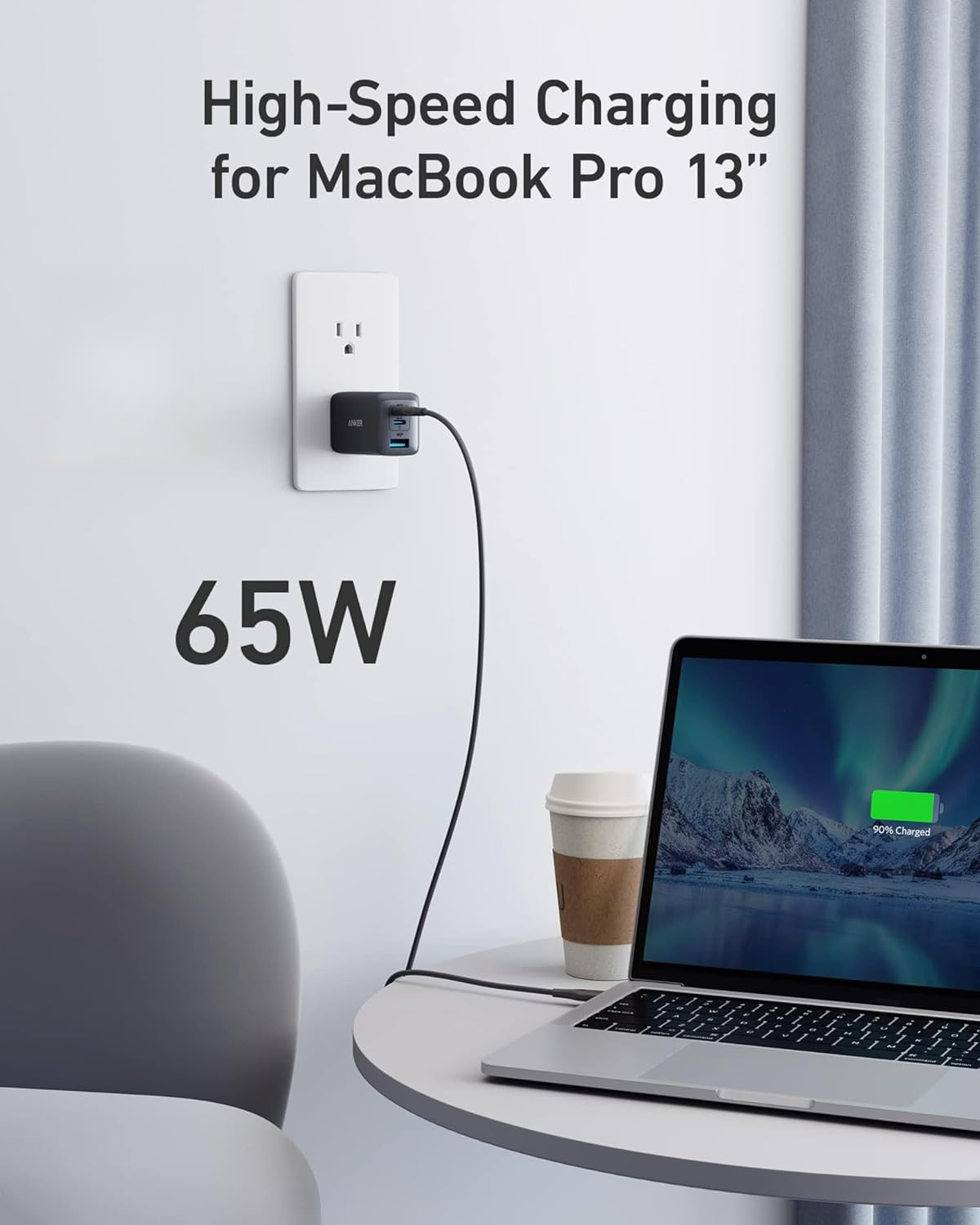65W Max 3-Port USB C Charger Block, Compact Foldable Phone Charger for Travel