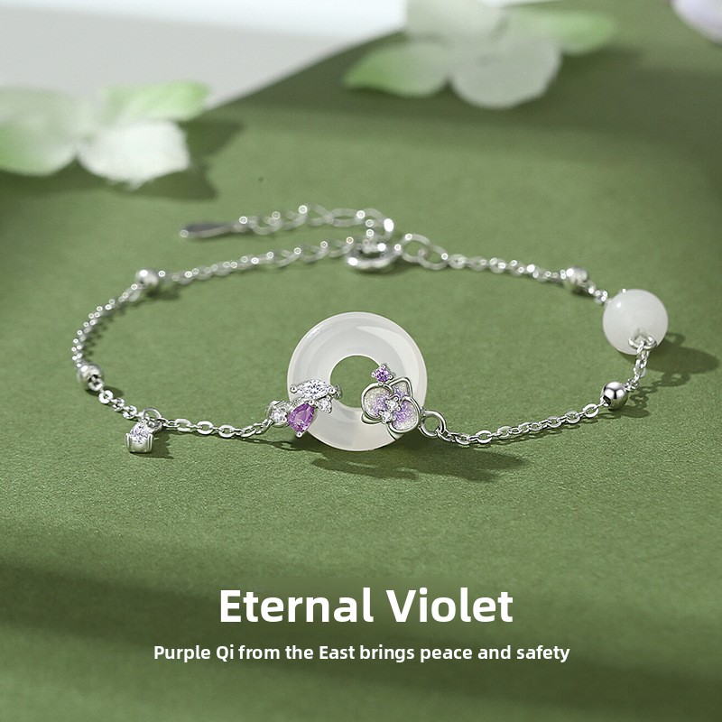 Original Violet Chalcedony Peace Knot Bracelet for Women, Pure Silver, Retro New Chinese Style Bracelet, Forest Style Enamel Floral Jewelry