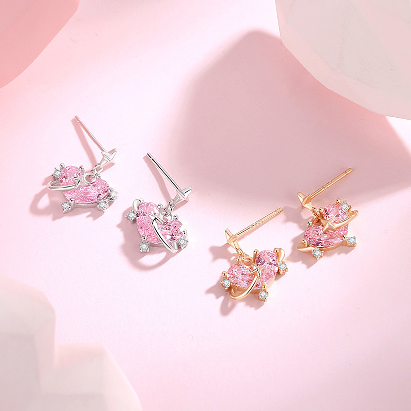 Heartbeat track earrings for women, pure silver, ins-style girly pink zircon earrings, original star-shaped earrings