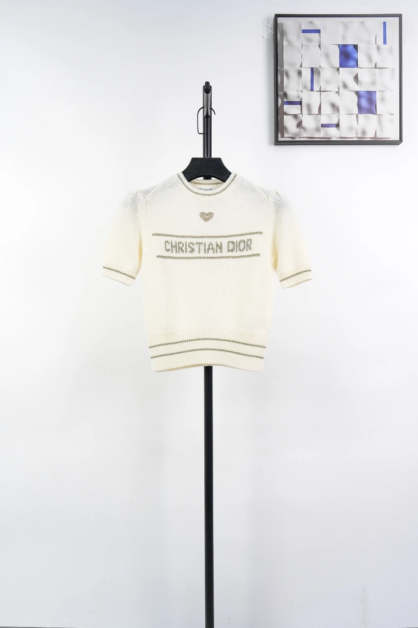Dior Cream Heart Pearl Puff Sleeve Knit Short Sleeve Sweater product photo from LabelPicks