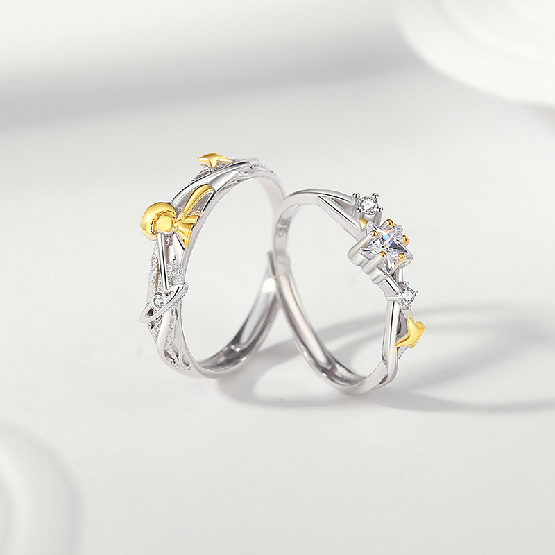 Original Starry Sky Little Prince Couple Rings, 925 Sterling Silver, 18k Gold, Unique Design, Star-Shaped Rings, Adjustable Open Rings, 18k Gold Plated