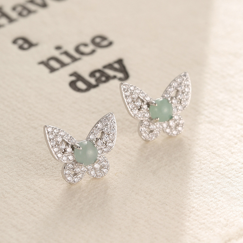 S925 silver blue water butterfly earrings, new Chinese-style inlaid jade blue water gourd earrings, niche design, light luxury earrings