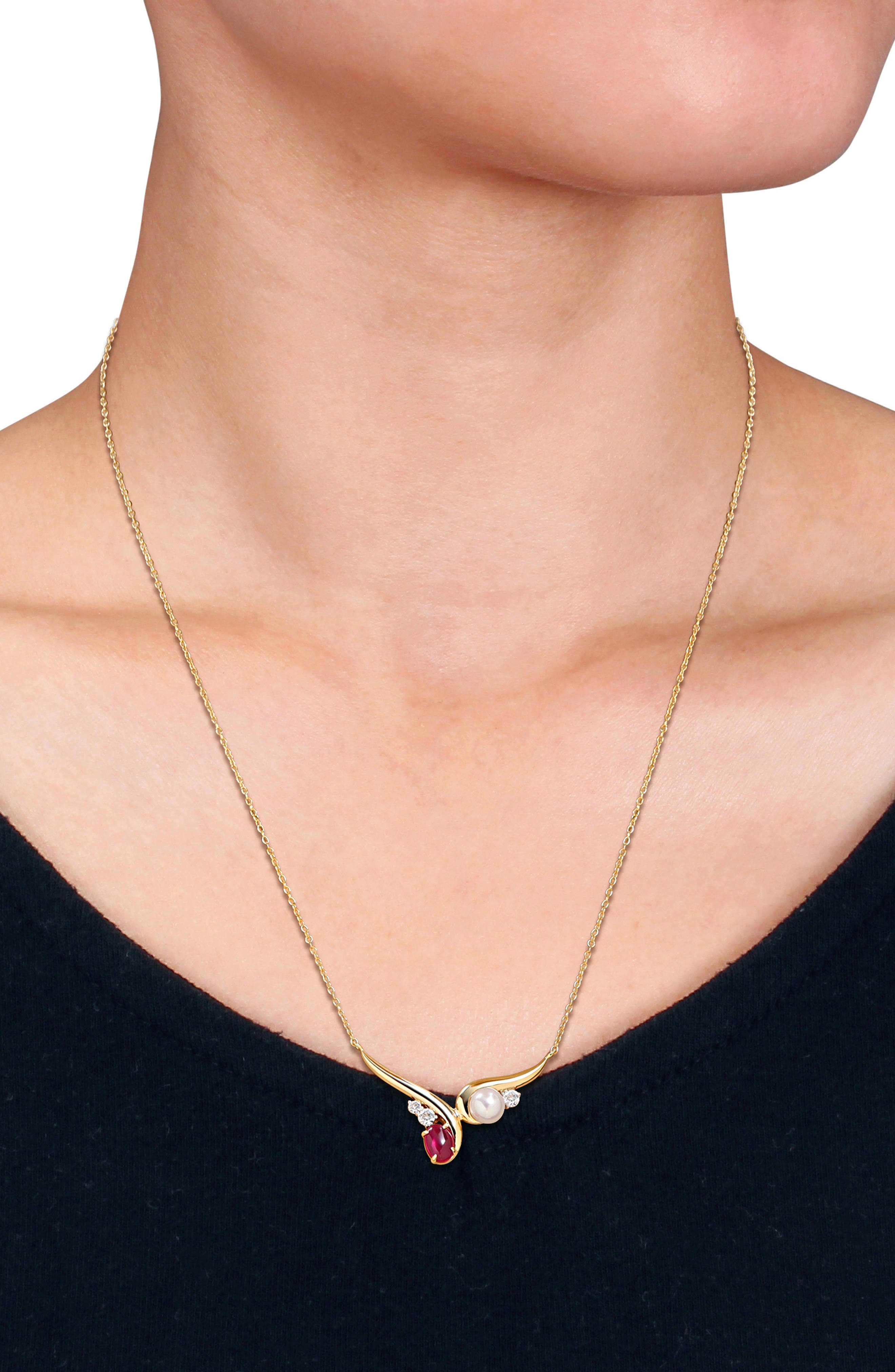 DELMAR 6-6.5mm Cultured Freshwater Pearl with Created Ruby and White Sapphire Necklace