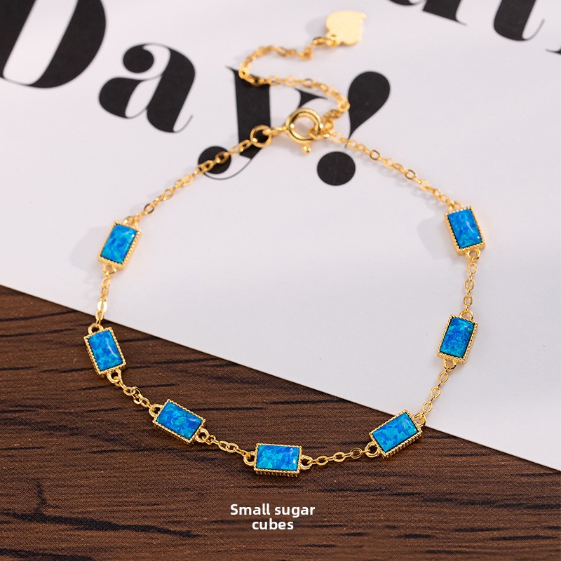 European and American style small square sugar cube bracelet for women, pure silver, summer ins style, cross-border best-selling bracelet, opal stone, high-end jewelry