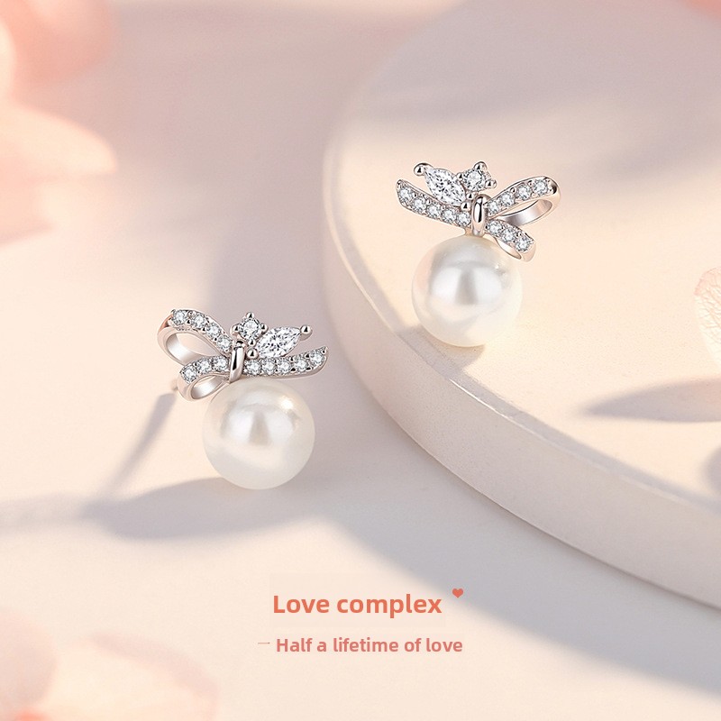 Original bowknot pearl earrings for women, made of sterling silver, light luxury French style, elegant and simple high-end earrings