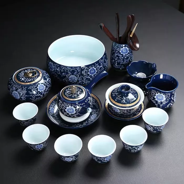 Jingdezhen Blue and White Porcelain Tea Set Pottery Kung Fu Tea Set Office High-end Tea Infuser Tea Cup