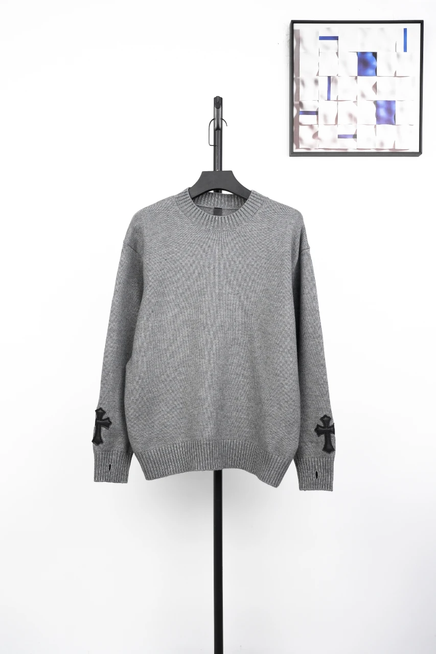 Chrome Hearts Grey Cross Leather Label Intarsia Crewneck Sweater product photo from LabelPicks