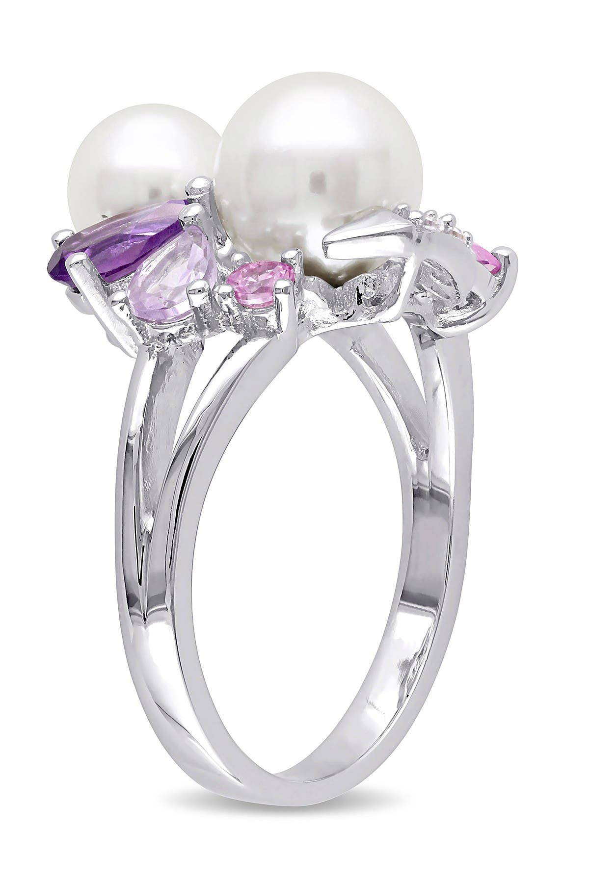 DELMAR Sterling Silver 6.5-7mm & 7.5-8mm White Freshwater Cultured Pearl & Semi-Precious Stone Ring